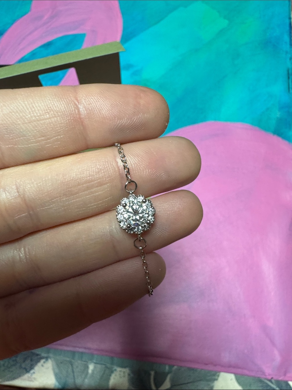 Delicate Silver-Tone Crystal Flower Pendant Bracelet